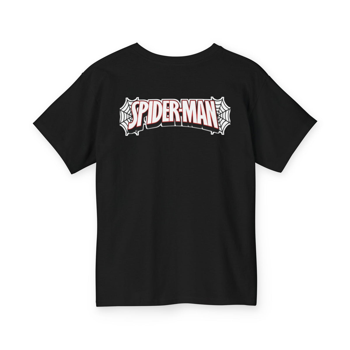 A black short-sleeve t-shirt with a graphic print of the 'Spider-Man' logo across the chest, displayed on a clean white background.