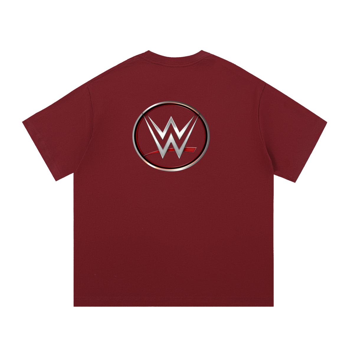 A maroon short-sleeve t-shirt with a circular WWE logo printed on the chest, displayed against a solid white background.