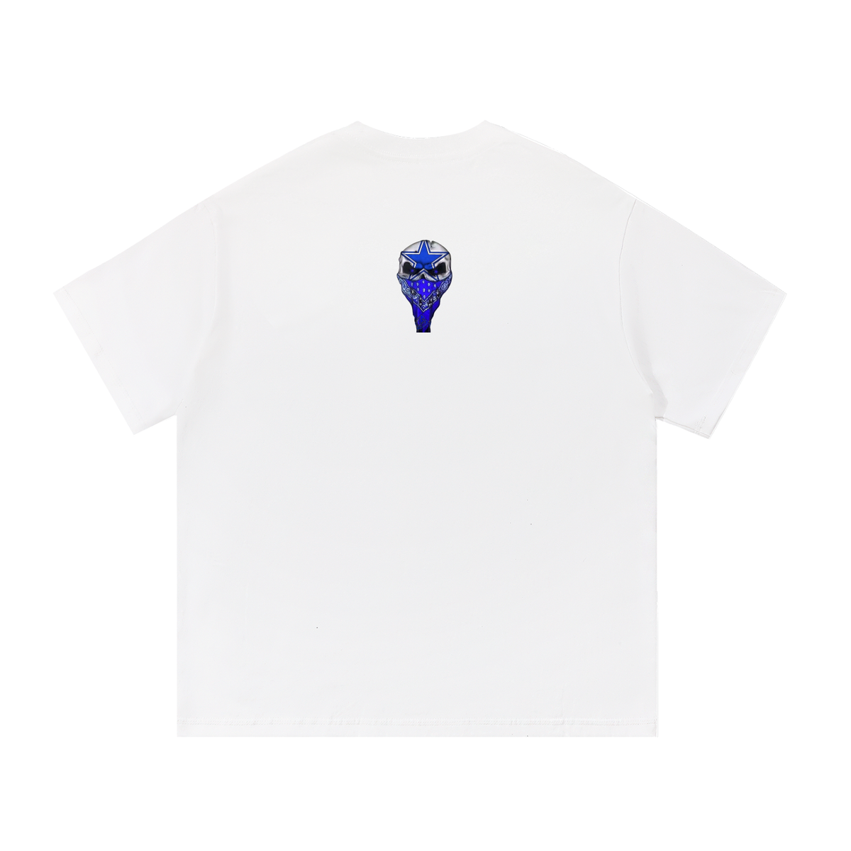 A white short-sleeve crewneck t-shirt shown from the back, featuring a small blue and black graphic of a stylized alien head centered on the upper back.