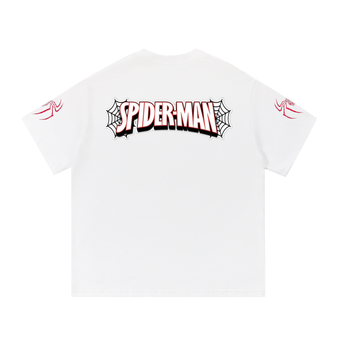 White short-sleeve T-shirt shown from the back, featuring a large 'SPIDER-MAN' graphic in red, black, and white across the upper back, with smaller red spiderweb graphics on both sleeves.